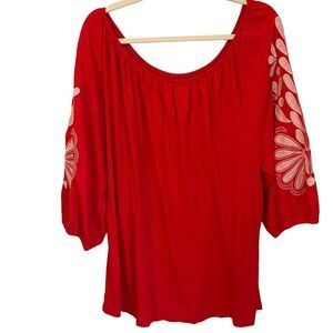 Talbots Size 2X‎ Red Cotton Modal Knit Peasant Top 3/4 Embroidered Sleeve